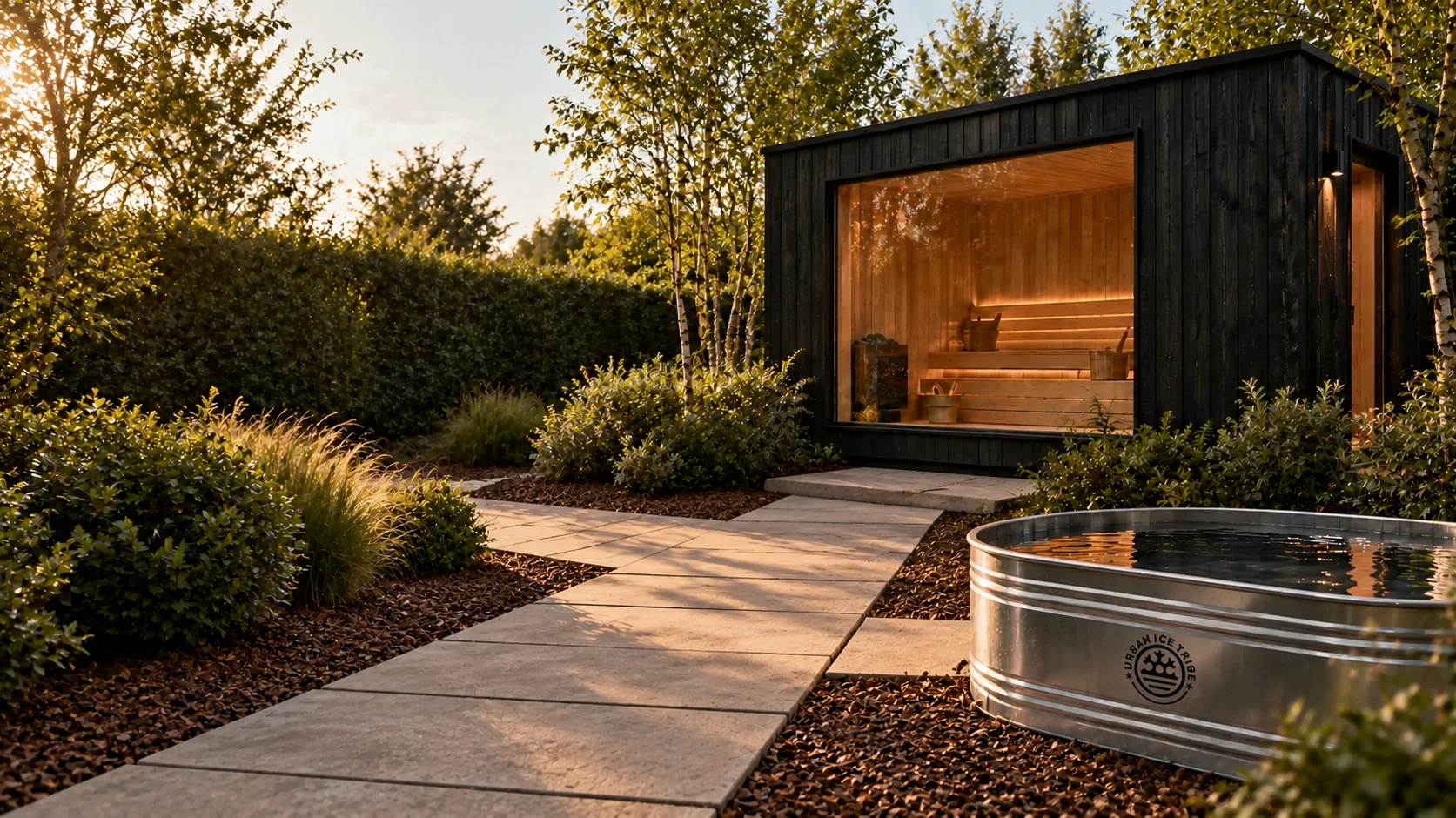 Garden bathhouse concept with bark mulch, stone slab walkways, a warm timber sauna and an oval steel ice bath