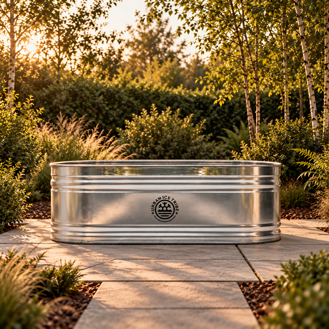 Urban Ice Tribe oval steel cold plunge in a planted garden with stone paving, shown as a concept visual